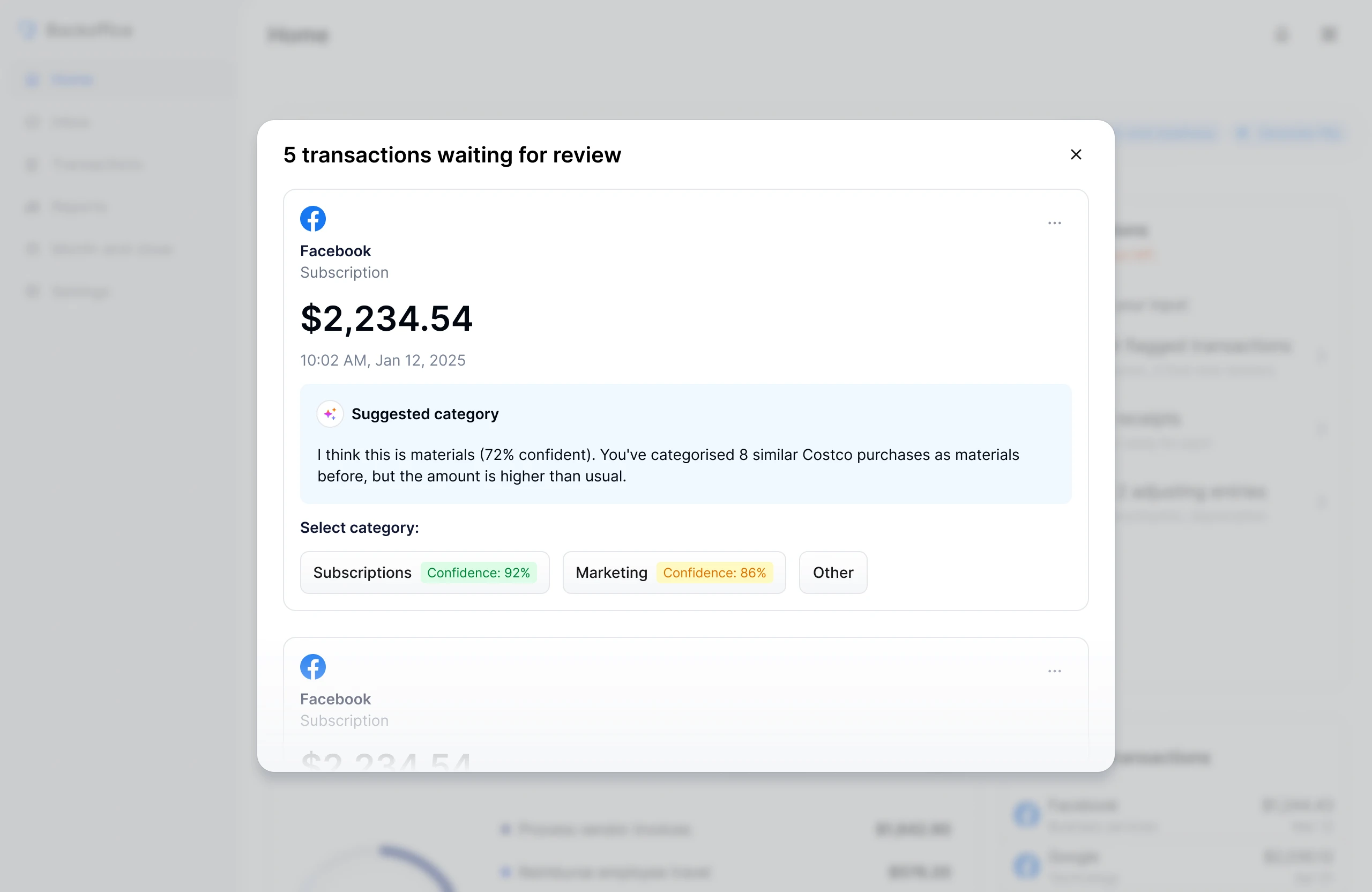 Backoffice Review hub, transactions that need human review